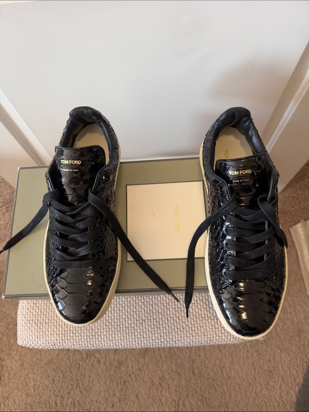 Tom Ford Black Patent Snakeskin-Effect Men’s Low-Top Sneakers